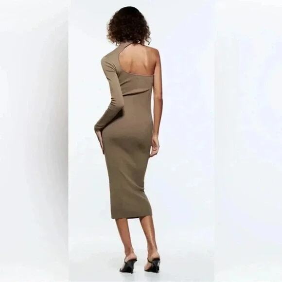 Zara Mink Brown Bandage Knit Asymmetrical Bodycon Midi Dress One Shoulder SMALL - Picture 3 of 8
